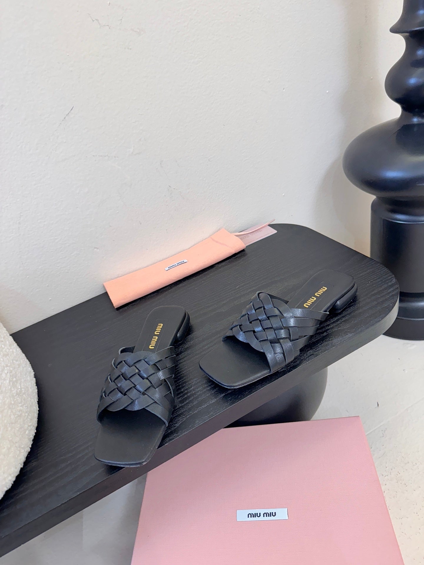 MIUMIU 26S IVETTE WOVEN SLIDE SANDALS IN BLACK CALFSKIN