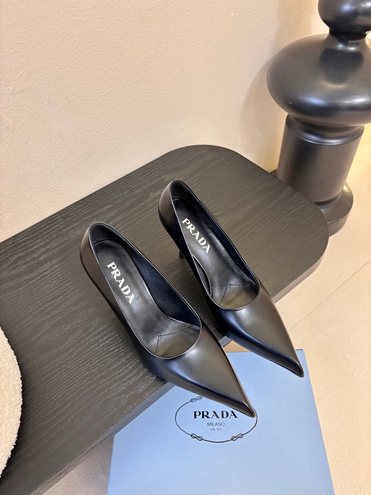 PRADA 26S POINTED-TOE HIGH HEELS IN BLACK LAMBSKIN