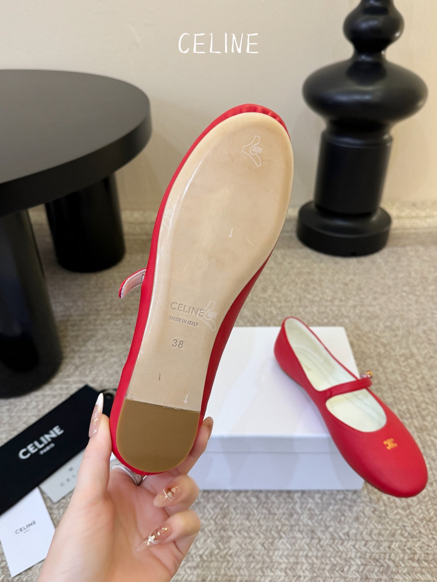 CELINE 26S BALLERINA FLATS IN RED LAMBSKIN
