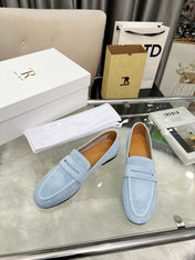 THE ROW 26S PENNY LOAFERS IN LIGHT BLUE SUEDE