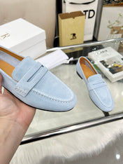 THE ROW 26S PENNY LOAFERS IN LIGHT BLUE SUEDE
