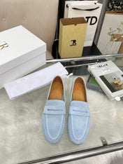 THE ROW 26S PENNY LOAFERS IN LIGHT BLUE SUEDE