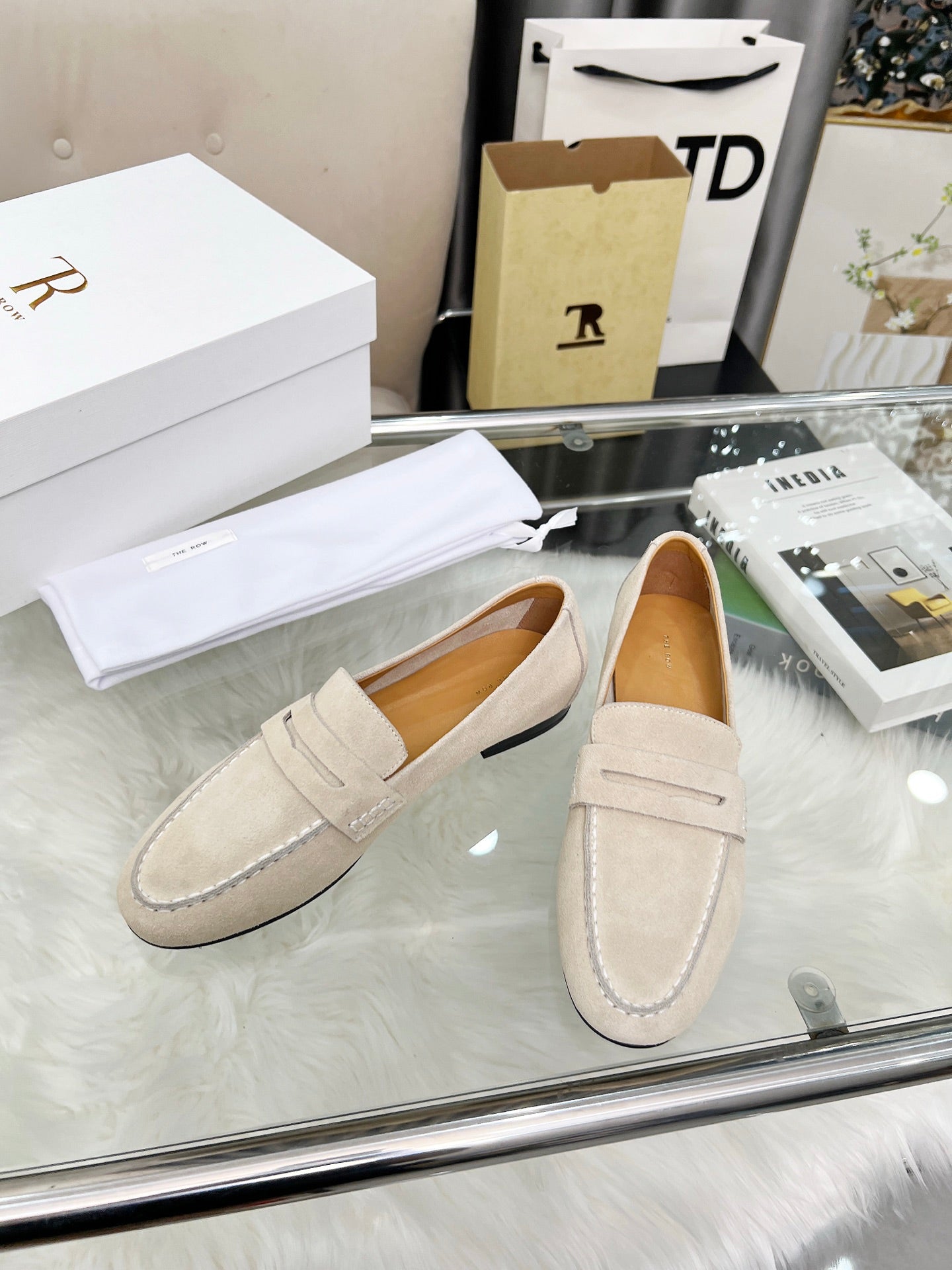 THE ROW 26S PENNY LOAFERS IN LIGHT BEIGE SUEDE