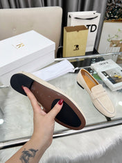 THE ROW 26S PENNY LOAFERS IN LIGHT BEIGE SUEDE