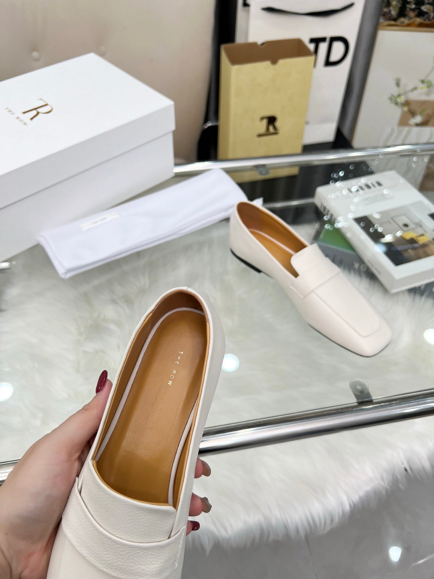 THE ROW 26S PENNY LOAFER FLATS IN IVORY WHITE GRAINED CALFSKIN