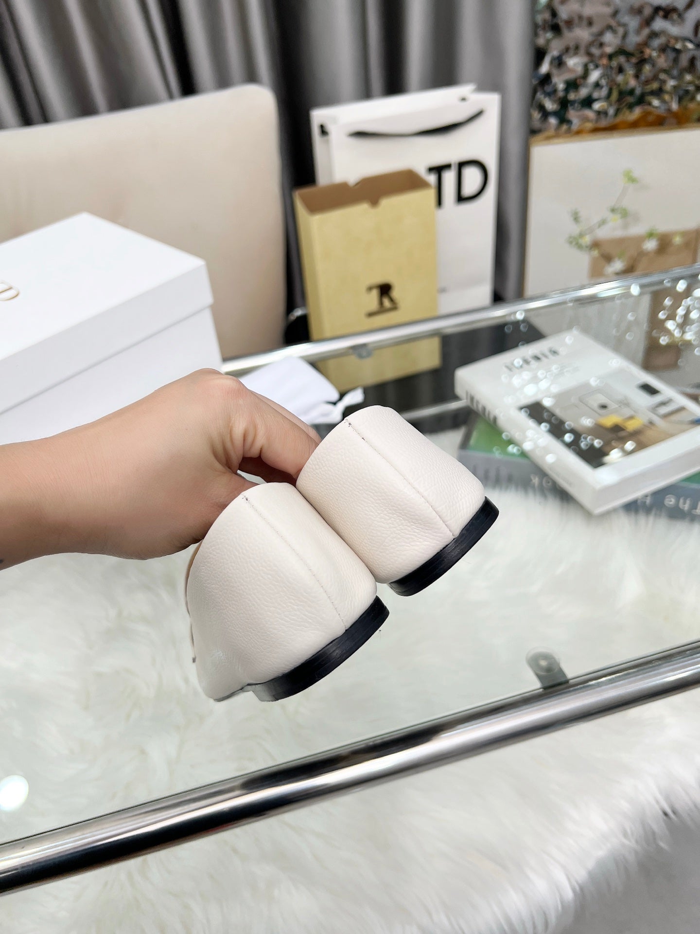 THE ROW 26S PENNY LOAFER FLATS IN IVORY WHITE GRAINED CALFSKIN