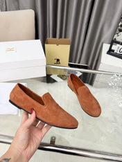 THE ROW 26S CLASSIC LOAFER FLATS IN COGNAC BROWN SUEDE