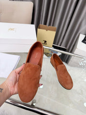 THE ROW 26S CLASSIC LOAFER FLATS IN COGNAC BROWN SUEDE