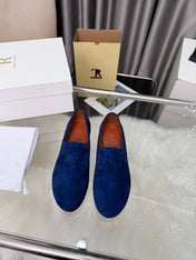 THE ROW 26S CLASSIC LOAFER FLATS IN DARK BLUE SUEDE
