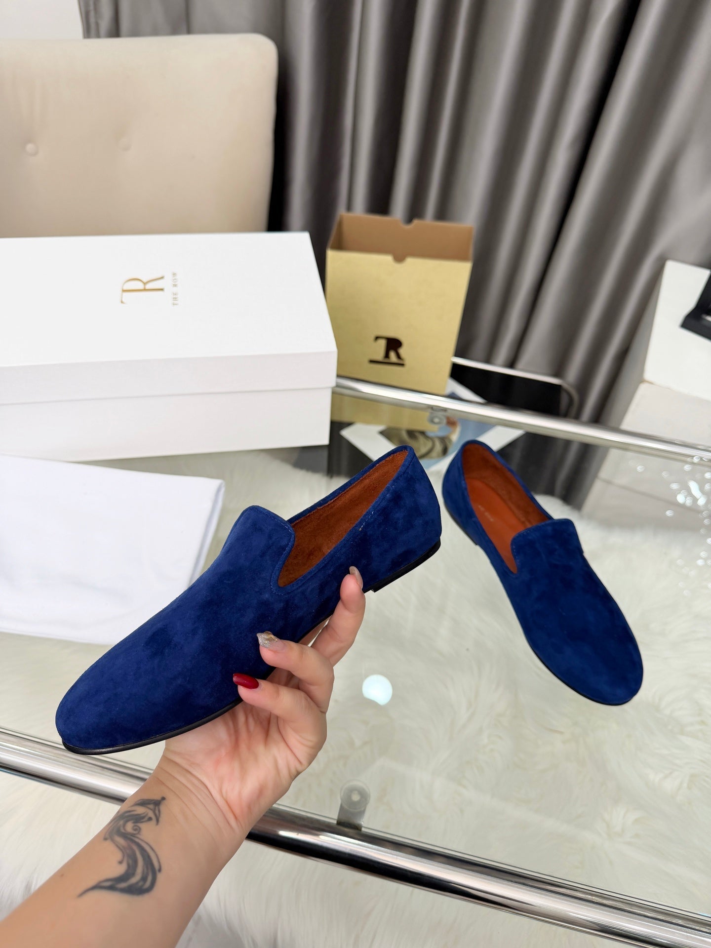 THE ROW 26S CLASSIC LOAFER FLATS IN DARK BLUE SUEDE