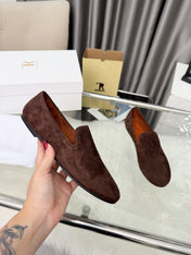 THE ROW 26S CLASSIC LOAFER FLATS IN DARK BROWN SUEDE