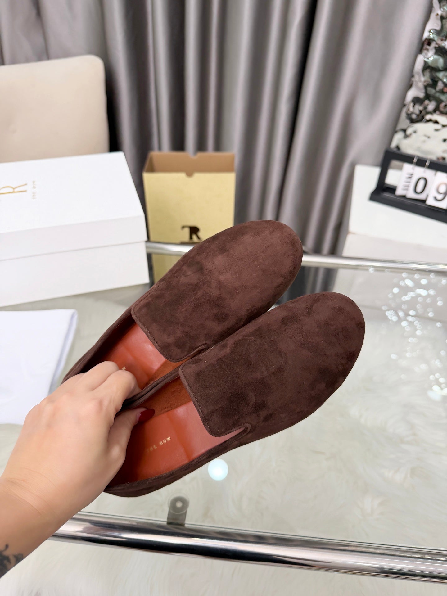 THE ROW 26S CLASSIC LOAFER FLATS IN DARK BROWN SUEDE