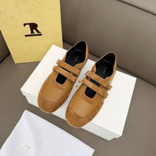 THE ROW 26S DOUBLE STRAP MARY JANE SNEAKERS IN CAMEL BROWN CALFSKIN AND SUEDE