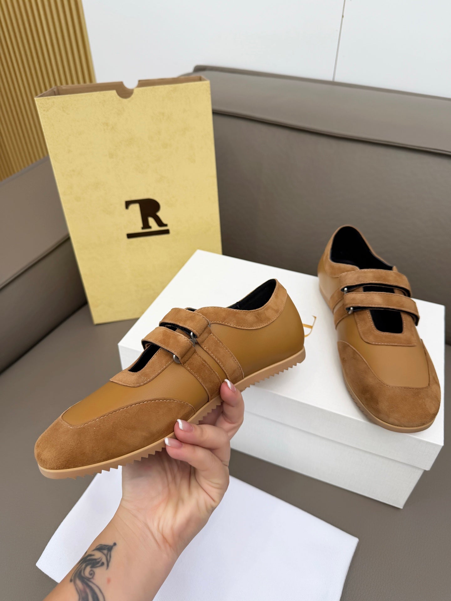 THE ROW 26S DOUBLE STRAP MARY JANE SNEAKERS IN CAMEL BROWN CALFSKIN AND SUEDE