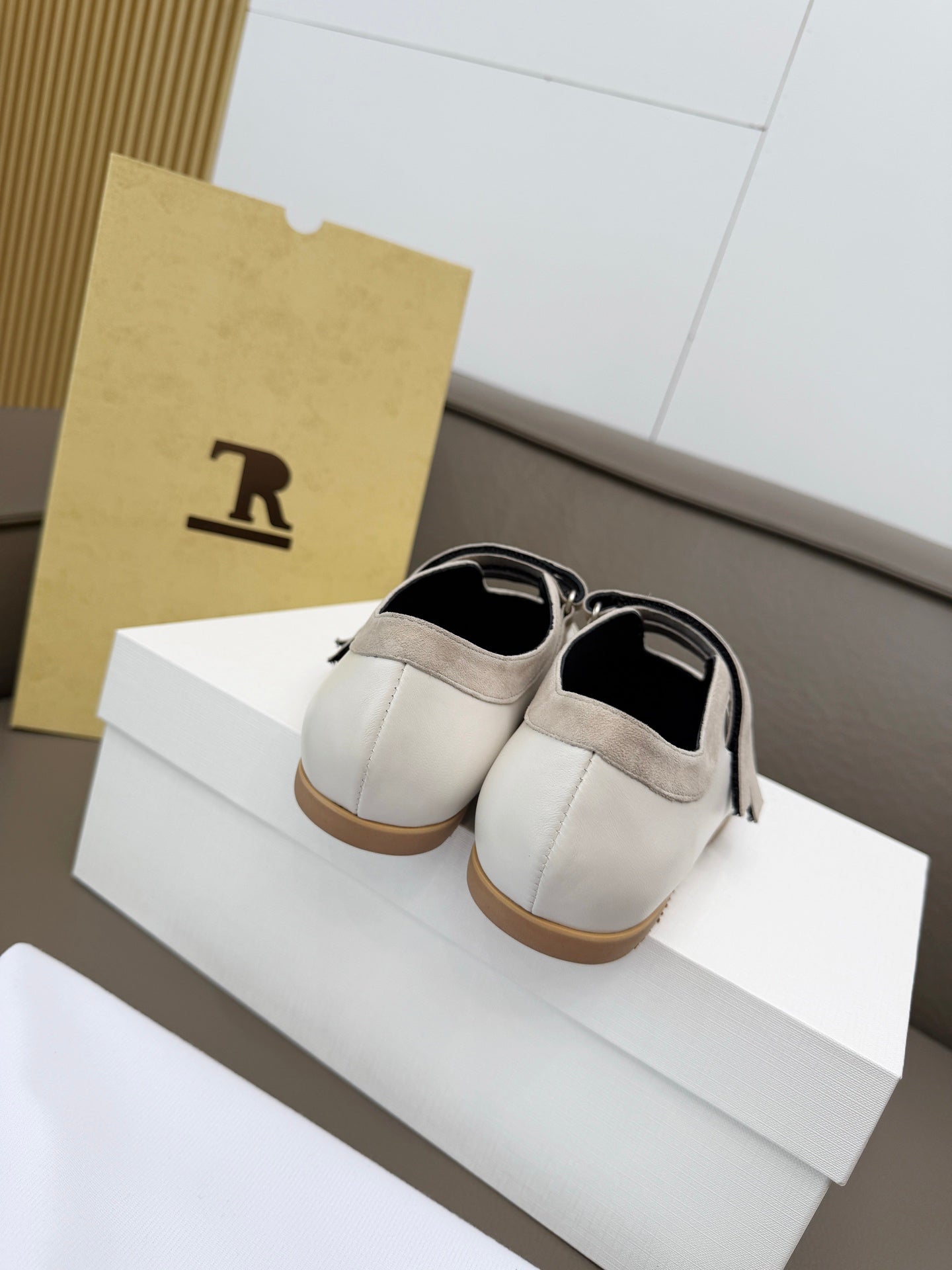 THE ROW 26S DOUBLE STRAP MARY JANE SNEAKERS IN WHITE CALFSKIN AND LIGHT GREY SUEDE