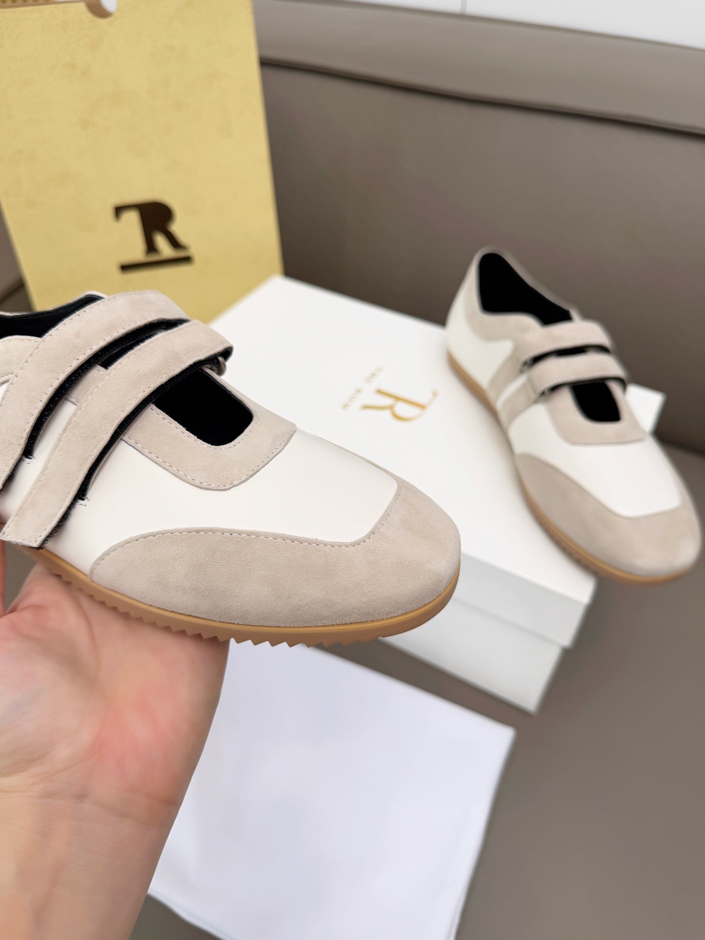 THE ROW 26S DOUBLE STRAP MARY JANE SNEAKERS IN WHITE CALFSKIN AND LIGHT GREY SUEDE