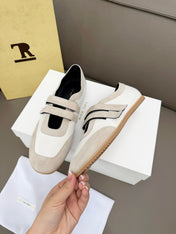 THE ROW 26S DOUBLE STRAP MARY JANE SNEAKERS IN WHITE CALFSKIN AND LIGHT GREY SUEDE