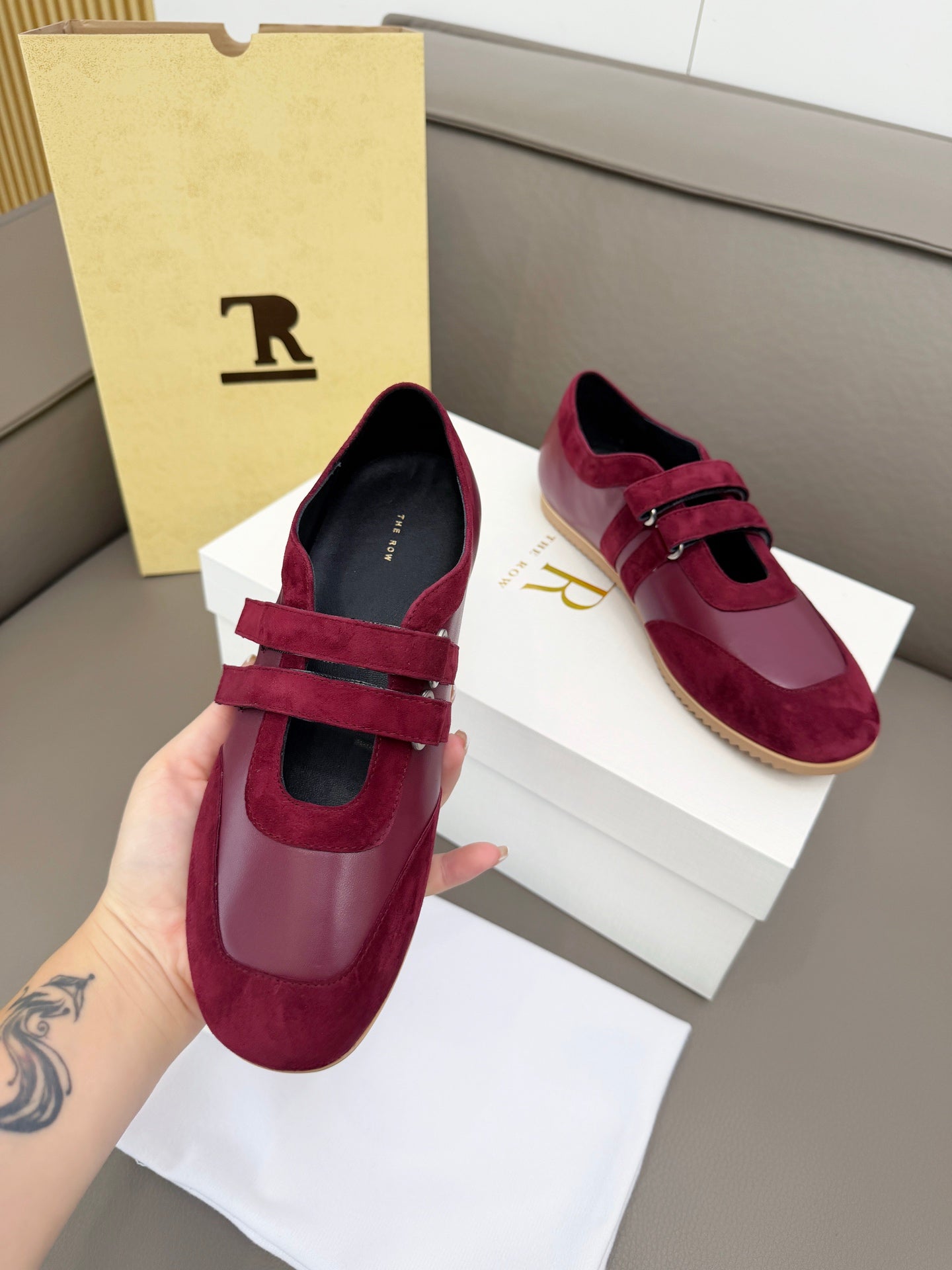 THE ROW 26S DOUBLE STRAP MARY JANE SNEAKERS IN BURGUNDY RED CALFSKIN AND SUEDE