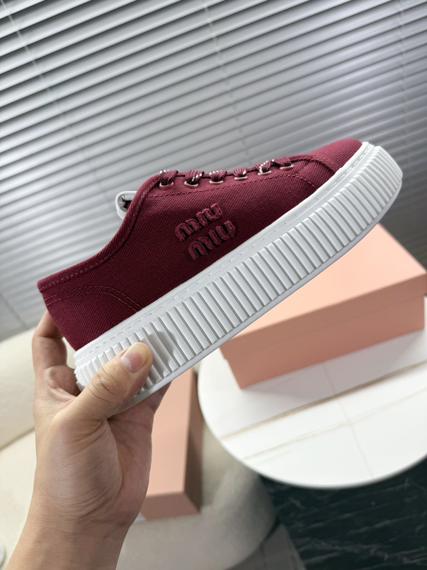 MIUMIU 26S PLATFORM SNEAKERS IN DARK RED CANVAS