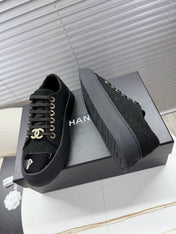 CHANEL 25S TRAINERS BLACK 35MM IN GLITTERED TWEED AND PATENT CALFSKIN