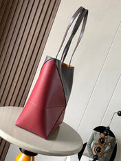 LOEWE 25S PUZZLE FOLD BAG 31 IN SOCOLA AND MAROON SHINY CALFSKIN