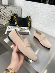 PRADA 26S CLASSIC LOAFERS IN NUDE BEIGE LOGO SUEDE