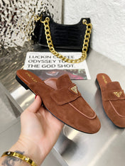 PRADA 26S MULE LOAFERS IN CHOCOLATE BROWN SUEDE WITH LOGO