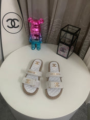 CHANEL 26S SLIDE SANDALS IN WHITE VELVET AND CALFSKIN WITH ROPE SOLE GOLD HARDWARE