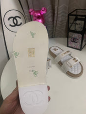 CHANEL 26S SLIDE SANDALS IN WHITE VELVET AND CALFSKIN WITH ROPE SOLE GOLD HARDWARE