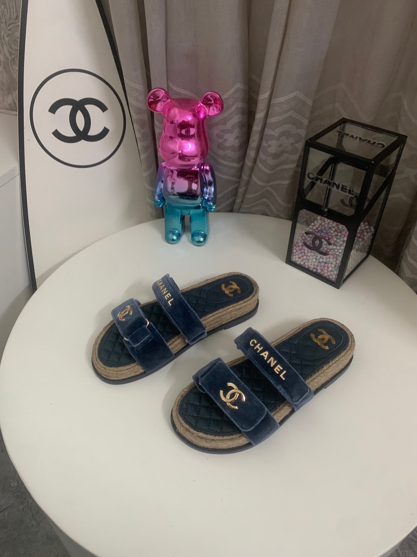 CHANEL 26S SLIDE SANDALS IN BLUE VELVET AND CALFSKIN WITH ROPE SOLE GOLD HARDWARE