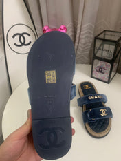 CHANEL 26S SLIDE SANDALS IN BLUE VELVET AND CALFSKIN WITH ROPE SOLE GOLD HARDWARE