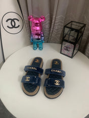 CHANEL 26S SLIDE SANDALS IN BLUE VELVET AND CALFSKIN WITH ROPE SOLE GOLD HARDWARE