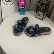 CHANEL 26S SLIDE SANDALS IN BLUE VELVET AND CALFSKIN WITH ROPE SOLE GOLD HARDWARE