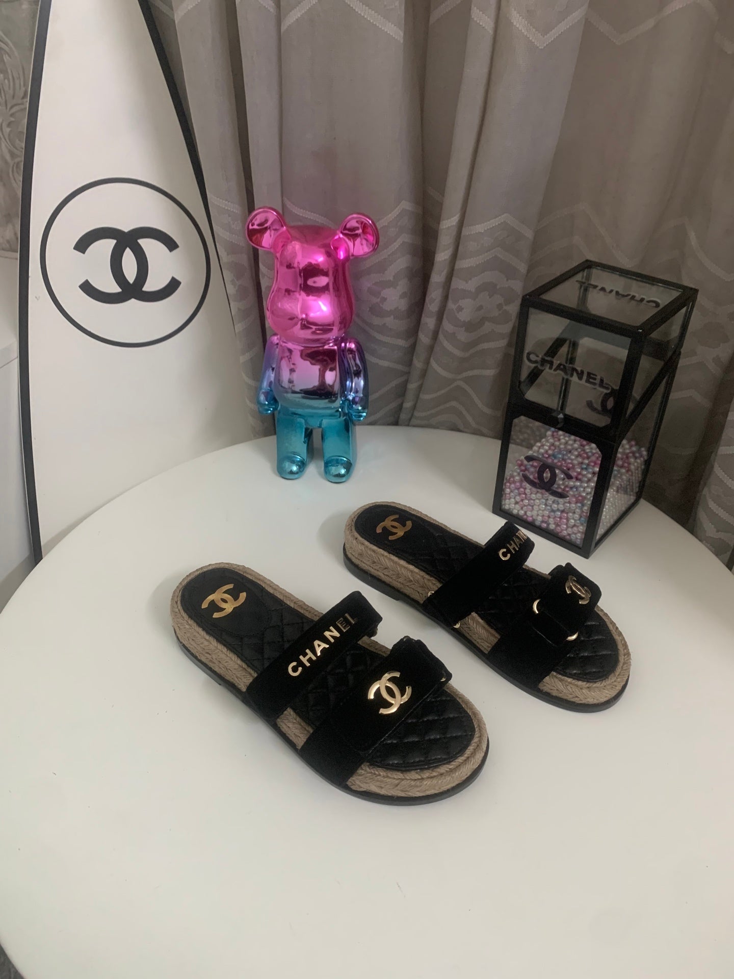 CHANEL 26S SLIDE SANDALS IN BLACK VELVET AND CALFSKIN WITH ROPE SOLE GOLD HARDWARE