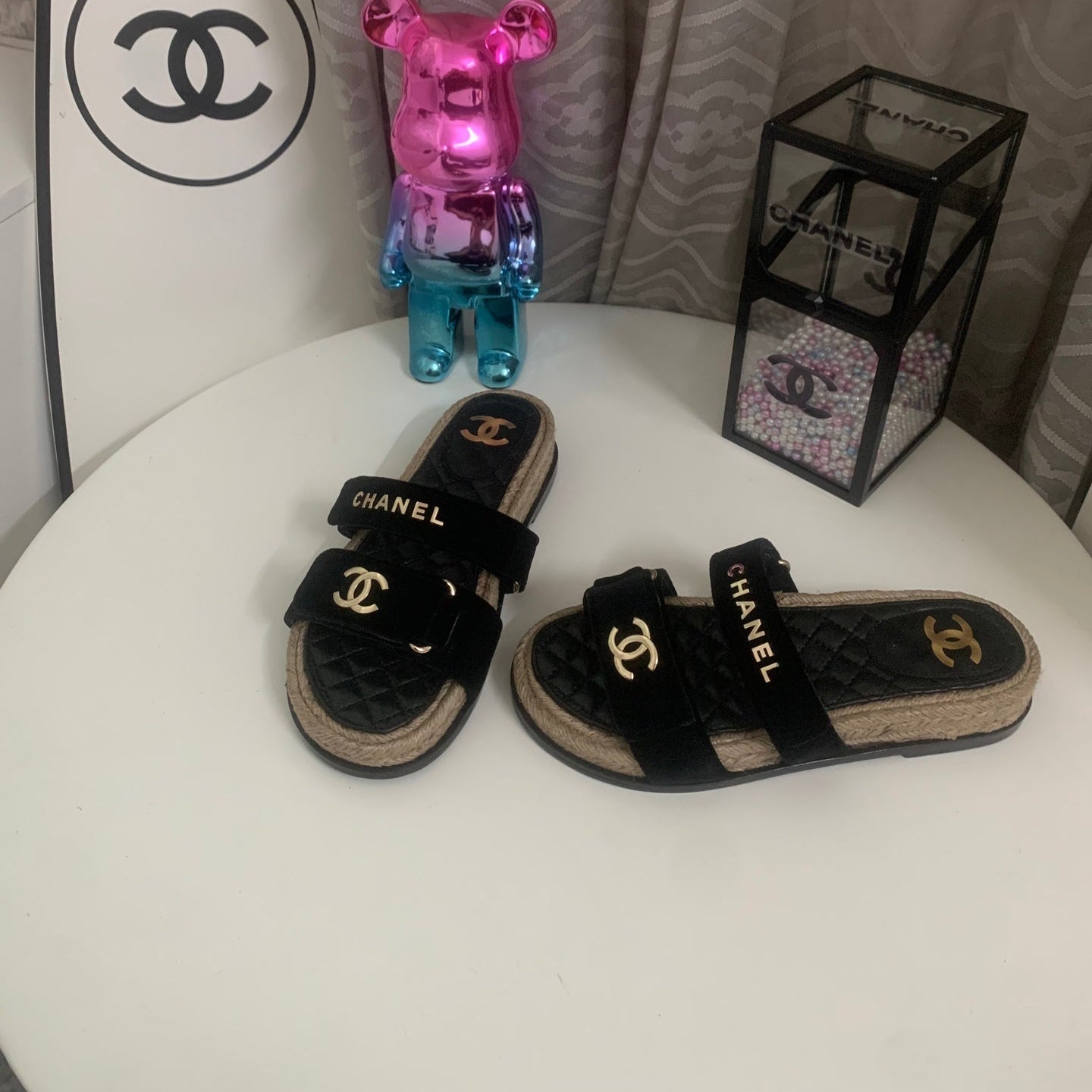 CHANEL 26S SLIDE SANDALS IN BLACK VELVET AND CALFSKIN WITH ROPE SOLE GOLD HARDWARE