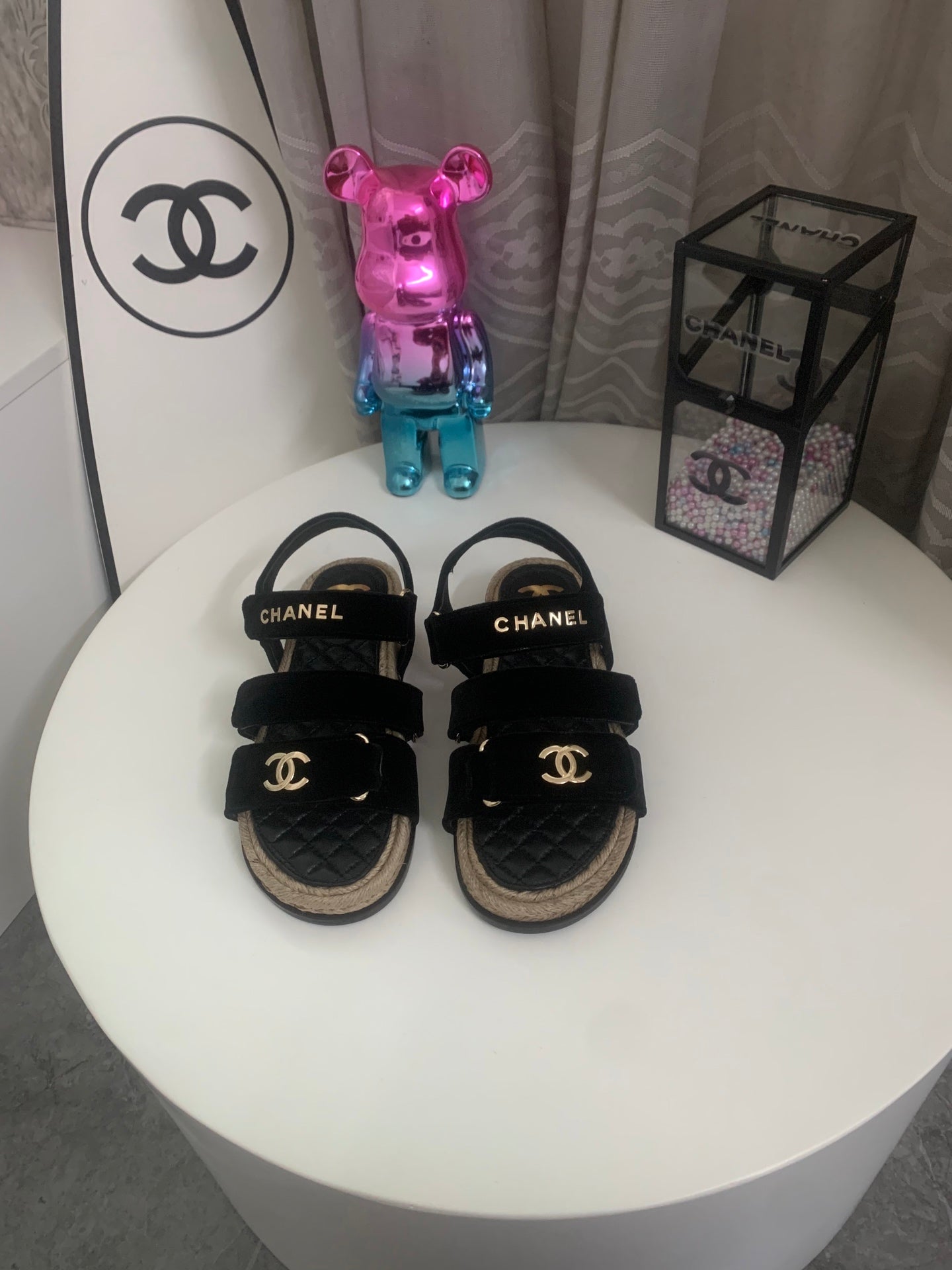 CHANEL 26S STRAPPY SANDALS IN BLACK VELVET WITH ROPE SOLE GOLD HARDWARE