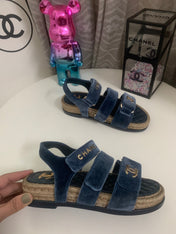 CHANEL 26S STRAPPY SANDALS IN NAVY BLUE VELVET WITH ROPE SOLE GOLD HARDWARE