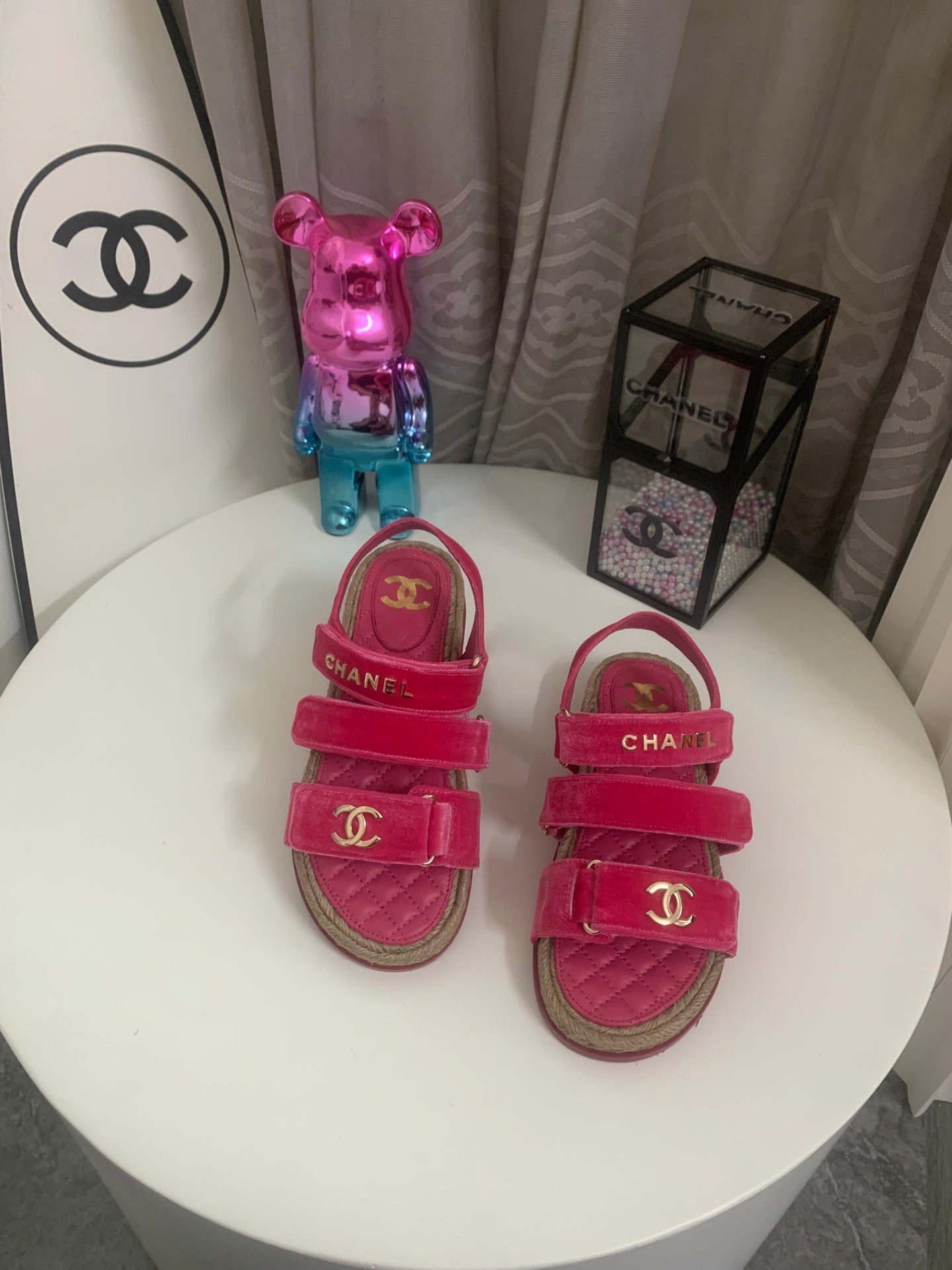 CHANEL 26S STRAPPY SANDALS IN PINK VELVET WITH ROPE SOLE GOLD HARDWARE