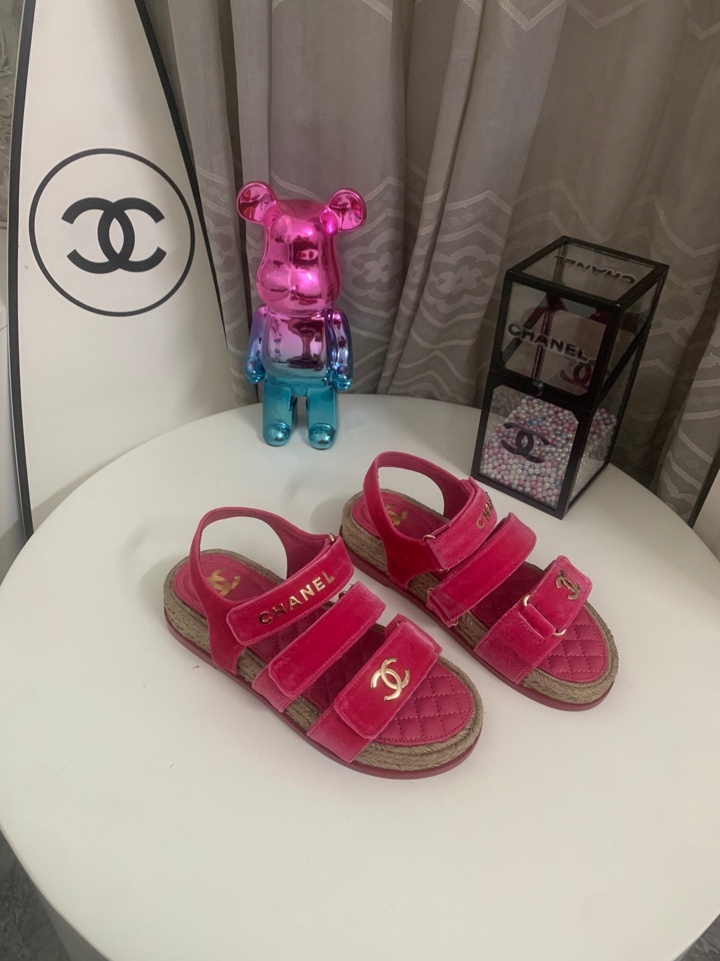 CHANEL 26S STRAPPY SANDALS IN PINK VELVET WITH ROPE SOLE GOLD HARDWARE