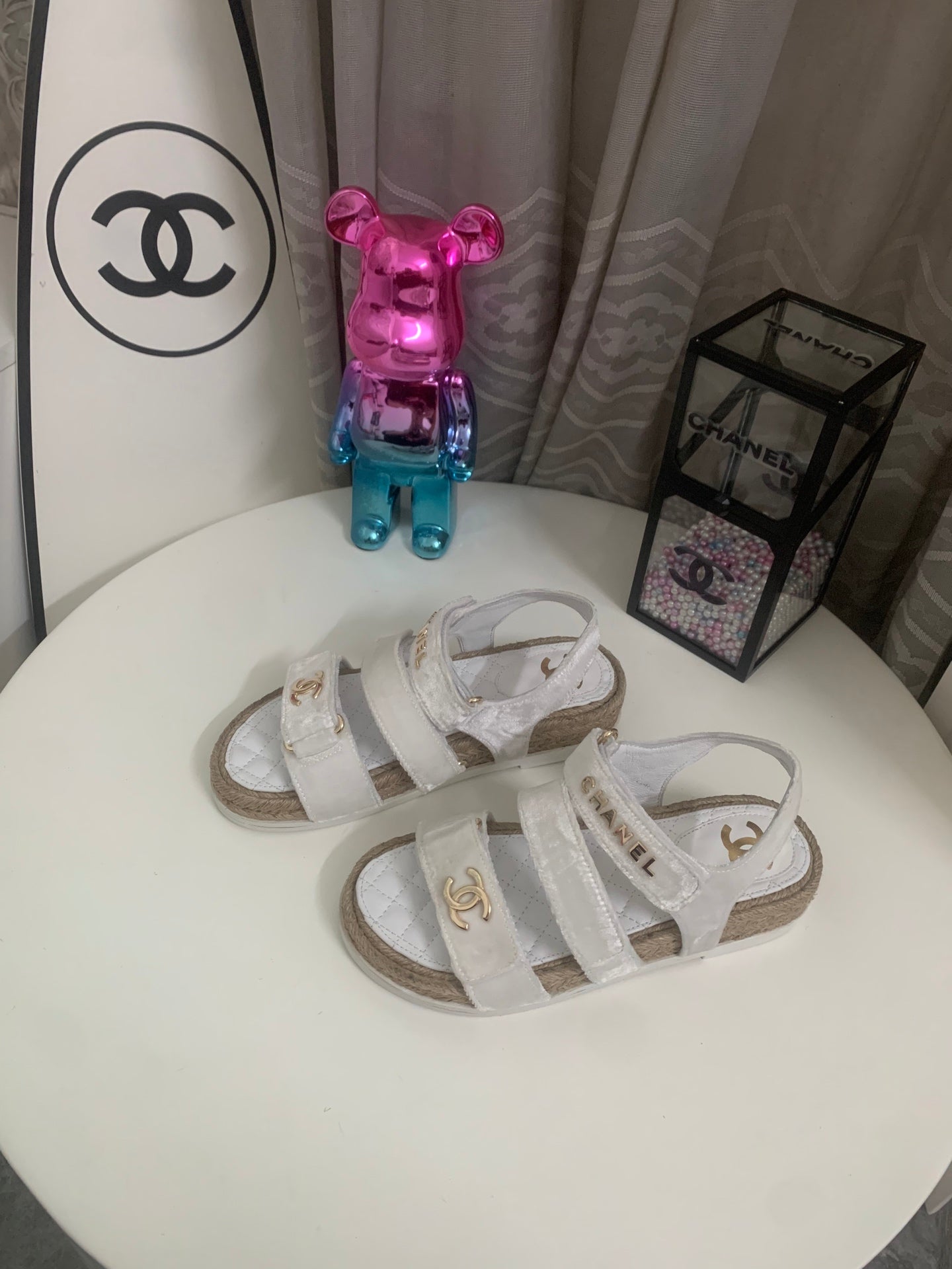 CHANEL 26S STRAPPY SANDALS IN WHITE VELVET WITH ROPE SOLE GOLD HARDWARE