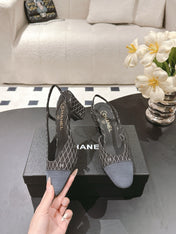 CC SLINGBACK 25S 65 MM IN BLACK DENIM WITH PLAID PATTERN