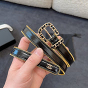 BELT 20MM IN BLACK CALFSKIN WITH INTERWOVEN CHAIN BUCKLE ZIPPER IN TRIM GOLD HARDWARE