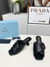 PRA CROSS MULE HEELS IN BLACK CALFSKIN WITH PADDED STRAPS