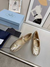 PRADA 26S MARY JANE FLATS IN GOLD WOVEN CALFSKIN