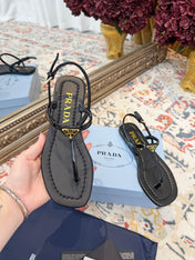 PRADA 26S THONG SANDALS IN BLACK CALFSKIN TRIANGLE LOGO