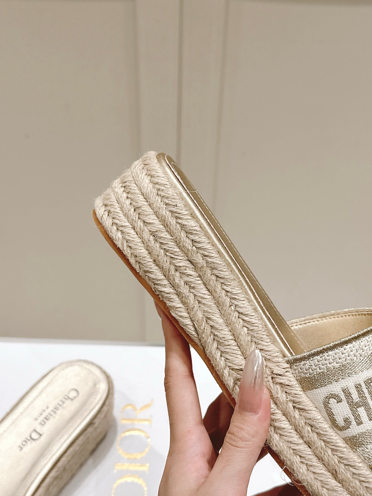DWAY WEDGE SLIDES 45MM IN WARM GREIGE FABRIC RAFFIA SOLE