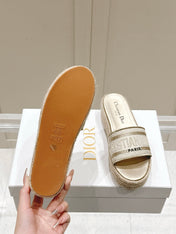 DWAY WEDGE SLIDES 45MM IN WARM GREIGE FABRIC RAFFIA SOLE