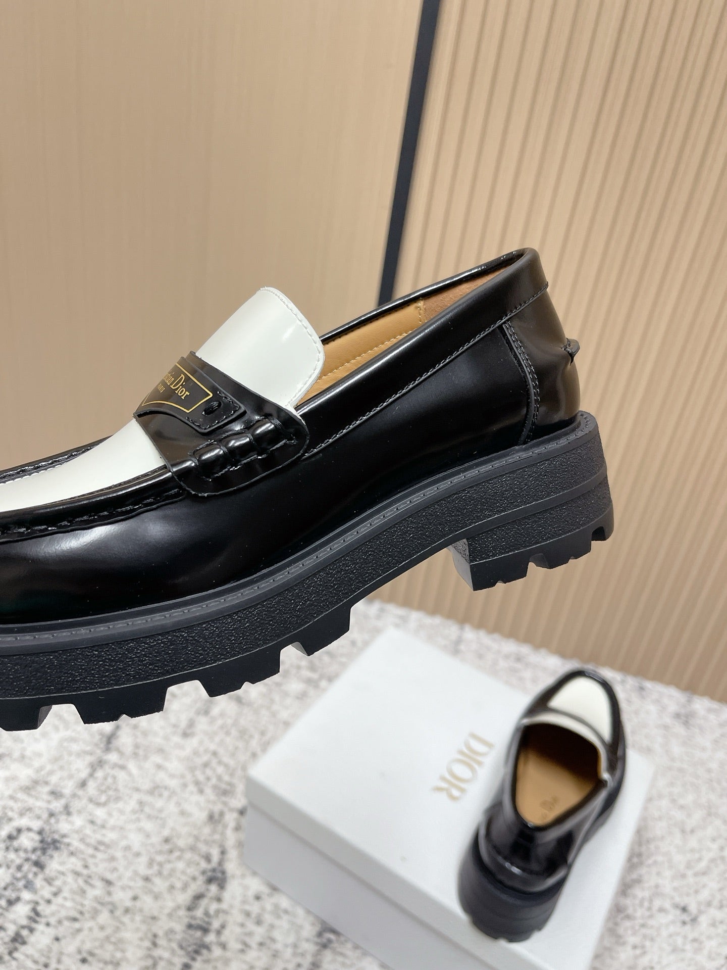 DIOR 25S BOY PLATFORM LOAFERS IN BLACK MIX WHITE CALFSKIN