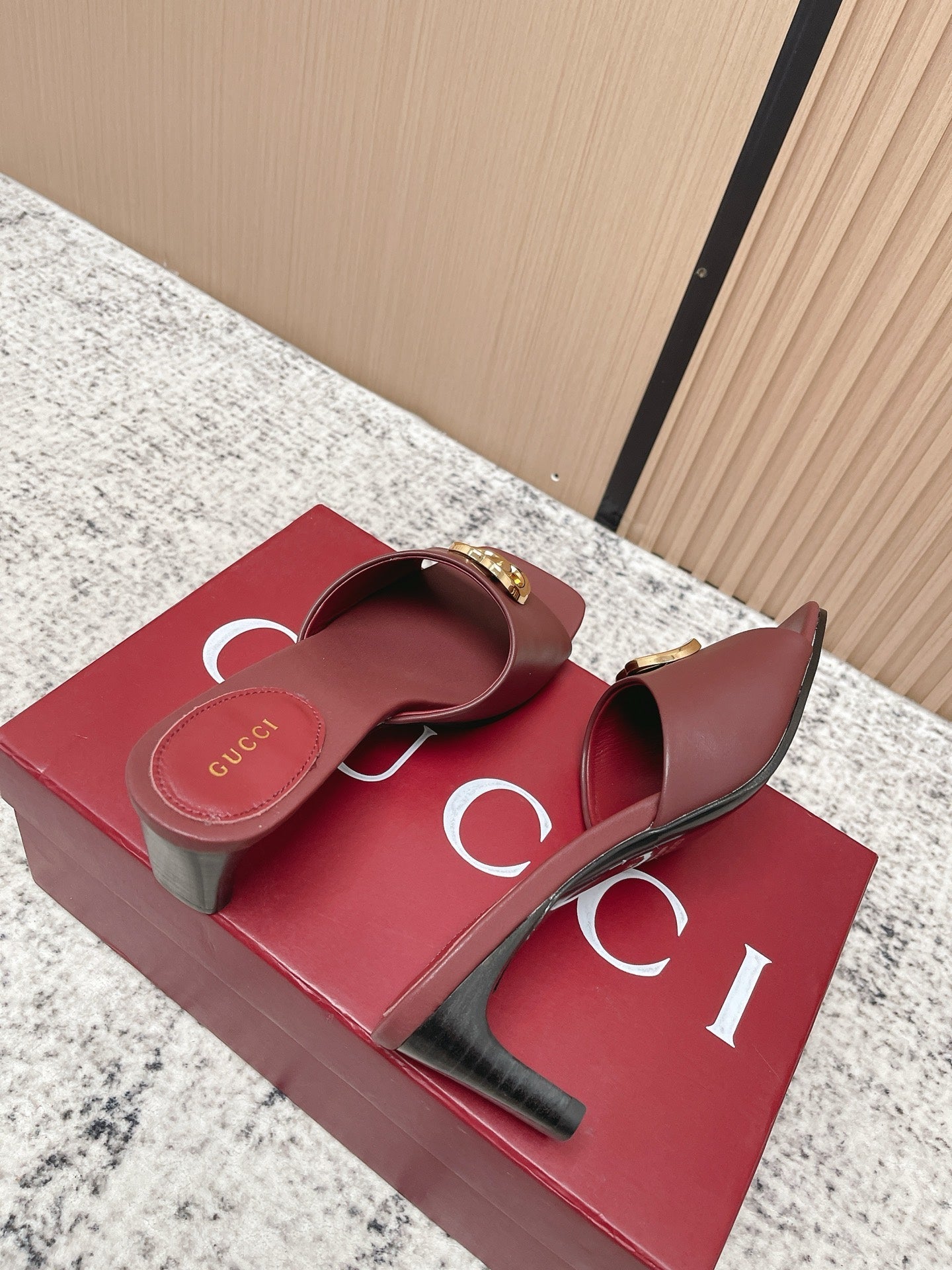 GUCCI 26S GG LOGO HIGH-HEEL MULES IN DARK RED CALFSKIN