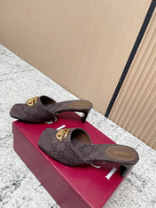 GUCCI 26S HIGH HEELS IN DARK BROWN CANVAS WITH GOLD HARDWARE